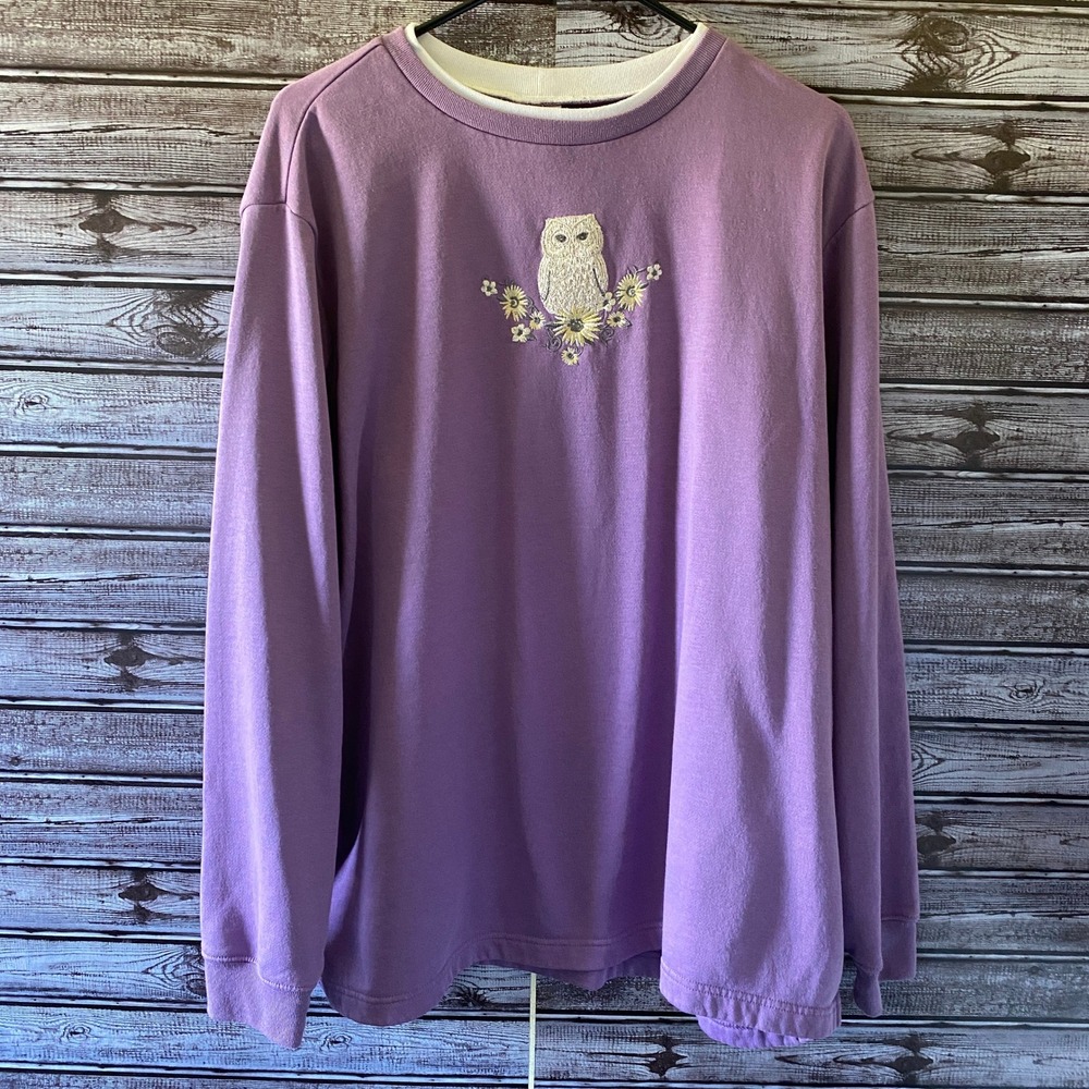 Blair Women's Long-Sleeved Pullover Sweatshirt Size XL Purple‎ Embroidered Owl
